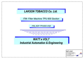 LAKSON TOBACCO Co. Ltd.
ITM_KDF-TPU600.VSD
ITM- Filter Machine TPU 600 Section
WATT N VOLT
Industrial Automation & Engineering
WATT N VOLT
Industrial Automation & Engineering
18th-km. Ferozepur Road, Lahore Pakistan.
Tel: +92 42 35820595 ,35820296
Fax: +92 42 35820830
E-mail: wnv@wol.net.pk; wnv@wattnvolt.com
Visit us: http://www.wattnvolt.com
 