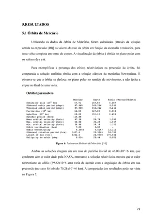 5.RESULTADOS
5.1 Órbita de Mercúrio
Utilizando os dados da órbita de Mercúrio, foram calculados [através da solução
obtida na expressão (40)] os valores do raio da orbita em função da anomalia verdadeira, para
uma volta completa em torno do centro. A visualização da órbita é obtida no plano polar com
os valores de r e ϕ.
Para exemplificar a presença dos efeitos relativísticos na precessão da órbita, foi
comparada a solução analítica obtida com a solução clássica da mecânica Newtoniana. E
observa-se que a órbita se desloca no plano polar no sentido do movimento, e não fecha a
elipse no final de uma volta.
Figura 6: Parâmetros Orbitais de Mercúrio. [10]
Ambas as soluções chegam em um raio do periélio inicial de 46.00x10^+6 km, que
conferem com o valor dado pela NASA, entretanto a solução relativística mostra que o valor
newtoniano do afélio (69.82x10^6 km) varia de acordo com a angulação da órbita em sua
precessão (no caso foi obtido 70.21x10^+6 km). A comparação dos resultados pode ser vista
na Figura 7.
22
 