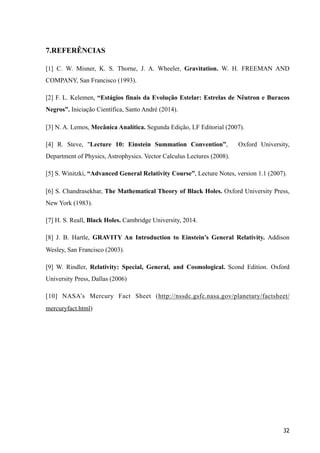 7.REFERÊNCIAS
[1] C. W. Misner, K. S. Thorne, J. A. Wheeler, Gravitation. W. H. FREEMAN AND
COMPANY, San Francisco (1993).
[2] F. L. Kelemen, “Estágios finais da Evolução Estelar: Estrelas de Nêutron e Buracos
Negros”. Iniciação Científica, Santo André (2014).
[3] N. A. Lemos, Mecânica Analítica. Segunda Edição, LF Editorial (2007).
[4] R. Steve, "Lecture 10: Einstein Summation Convention”, Oxford University,
Department of Physics, Astrophysics. Vector Calculus Lectures (2008).
[5] S. Winitzki, “Advanced General Relativity Course”, Lecture Notes, version 1.1 (2007).
[6] S. Chandrasekhar, The Mathematical Theory of Black Holes. Oxford University Press,
New York (1983).
[7] H. S. Reall, Black Holes. Cambridge University, 2014.
[8] J. B. Hartle, GRAVITY An Introduction to Einstein’s General Relativity. Addison
Wesley, San Francisco (2003).
[9] W. Rindler, Relativity: Special, General, and Cosmological. Scond Edition. Oxford
University Press, Dallas (2006)
[10] NASA’s Mercury Fact Sheet (http://nssdc.gsfc.nasa.gov/planetary/factsheet/
mercuryfact.html)
32
 