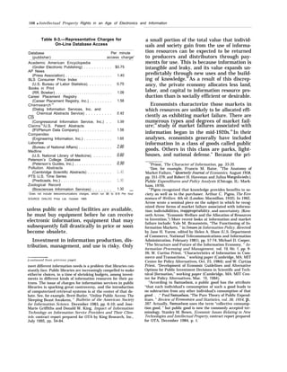 168 q Intellectual Property Rights in an Age of Electronics and Information
Table 6-3.—Representative Charges for
On-Line Database Access
Database Per minute
(publisher) access chargea
Academic American Encyclopedia
(Grolier Electronic Publishing) . . . . . . . . . . .
AP News
(Press Association) . . . . . . . . . . . . . . . . . . . .
BLS Consumer Price Index
(U.S. Bureau of Labor Statistics). . . . . . . . . .
Books in Print
(RR. Bowker) . . . . . . . . . . . . . . . . . . . . . . . . . .
Career Placement Registry
(Career Placement Registry, Inc.) . . . . . . . . .
ChemsearchTM
(Dialog Information Services, Inc. and
Chemical Abstracts Service) . . . . . . . . . .
CIS
(Congressional Information Service, Inc.) . .
ClaimsTM
/U.S. Patent Abstracts
(lFI/Plenum Data Company) . . . . . . . . . . . . .
Compendex
(Engineering Information, Inc.) . . . . . . . . . . .
Laborlaw
(Bureau of National Affairs) . . . . . . . . . . . . . .
Medline
(U.S. National Library of Medicine). . . . . . . .
Peterson’s College Database
(Peterson’s Guides, Inc.) . . . . . . . . . . . . . . . .
Pollution Abstracts
(Cambridge Scientific Abstracts) . . . . . . . . .
PTS U.S. Time Series
(Predicasts, Inc.) . . . . . . . . . . . . . . . . . . . . . . .
Zoological Record
(Biosciences Information Services) . . . . . . .
$0.75
1.40
0.75
1.08
1.58
2.42
1.50
1.58
1.65
2.00
0.60
0,90
1.40
1.90
1.30 —a
Does not include telecommunications charges. which run $6 to $18 Per hour
SOURCE DIALOG Price List, October 1985
unless public or shared facilities are available,
he must buy equipment before he can receive
electronic information, equipment that may
subsequently fall drastically in price or soon
become obsolete.
Investment in information production, dis-
tribution, management, and use is risky. Only
meet different information needs is a problem that libraries con-
stantly face. Public libraries are increasingly compelled to make
either/or choices, in a time of shrinking budgets, among invest-
ments in different kinds of information resources for their pa-
trons. The issue of charges for information services in public
libraries is sparking great controversy, and the introduction
of computerized retrieval systems is at the center of that de-
bate. See, for example, Brett Butler, “Online Public Access: The
Sleeping Beast Awakens, ” Bulletin of the American Society
for Information Science, December 1983, pp. 6-10; and Jose-
Marie Griffiths and Donald W. King, Impact of Information
Technology on Information Service Providers and Their Clien-
tele, contract report prepared for OTA by King Research, Inc.,
July 1985, pp. 54-84.
a small portion of the total value that individ-
uals and society gain from the use of informa-
tion resources can be expected to be returned
to producers and distributors through pay-
ments for use. This is because information is
intangible and leaky, and its value expands un-
predictably through new uses and the build-
ing of knowledge.38
As a result of this discrep-
ancy, the private economy allocates less land,
labor, and capital to information resource pro-
duction than is socially efficient or desirable.
Economists characterize those markets in
which resources are unlikely to be allocated effi-
ciently as exhibiting market failure. There are
numerous types and degrees of market fail-
ure;39
study of market failures associated with
information began in the mid-1920s.40
In their
analyses, economists generally have included
information in a class of goods called public
goods. Others in this class are parks, light-
houses, and national defense.” Because the pri-
‘FPriest, ‘The Character of Information, pp. 33-35.
“See, for example, Francis M. Bator, “The Anatomy of
Market Failure, ” QmrterlyJoumal of Economics, August 1958,
pp. 351-379; and Robert H. Haveman and Julius Margolis (eds.),
Public Expenditures and Policy Analysis (Chicago, IL: Mark-
ham, 1970).
4“Pigou recognized that knowledge provides benefits to so-
ciety as well as to the purchaser. Arthur C. Pigou, The Eco-
normcs of Welfare, 4th ed. (London: Macmillan, 1932). In 1962,
Arrow wrote a seminal piece on the subject in which he recog-
nized three forms of market failure associated with informa-
tion: indivisibilities, inappropriability, and uncertainty. (Ken-
neth Arrow, “Economic Welfare and the Allocation of Resources
to Invention.”) More recent looks at information and market
failure include: Yale M. Braunstein, “The Functioning of In-
formation Markets, ” in Issues in Information Policy, directed
by Jane H. Yurow, edited by Helen A. Shaw (U.S. Department
of Commerce, National Telecommunications and Information
Administration, February 1981), pp. 57-74; Michael D. Cooper,
“The Structure and Future of the Information Economy, ” In-
formation Processing and Management, vol. 19, No. 1, pp. 9-
26; W. Curtiss Priest, “Characteristics of Information in Com-
merce and Transactions, ” working paper (Cambridge, MA: MIT
Center for Policy Alternatives, Oct. 25, 1984); and W. Curtiss
Priest, “Development of Economic Guidelines and Alternative
Options for Public Investment Decisions in Scientific and Tech-
nical [formation,” working paper (Cambridge, MA: MIT Cen-
ter for Policy Alternatives, Mar. 15, 1984).
“According to Samuelson, a public good has the attribute
“that each individual’s consumption of such a good leads to
no subtraction from any other individual’s consumption of that
good . .“ Paul Samuelson, “The Pure Theory of Public Expend-
iture, ” Review of Econorm”cs and Statistics, vol. 36, 1954, p.
387. Actually, Samuelson uses the term “collective consump-
tion good, ” but public good is now the commonly accepted ter-
minology. Stanley M. Besen, Economic Issues Relating to New
Technologies and Intellectual Property, contract report prepared
for OTA, December 1984, p. 1.
 