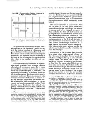 Ch. 6—Technology, lntellectual Property, and the Operation of Information Markets “ 177
Figure 6-2. —Representative Release Sequence for
a Major Theatrical Feature
SOURCE Waterman & Associates Video Media Competition. Regulation Eco-
nomics and Technology. EIi M.Noam (ed) (New York Columbia Univer-
sity Press 1985)
The profitability of the tiered release strat-
egy depends on the distributor’s ability to con-
trol the timing, number of exhibitions, and
price of the movie in each market. Such con-
trol allows him to coordinate advertising and
promotion, and segment markets according to
the cost of the various distribution media and
the value of the product to different con-
sumers. 70
Price discrimination in the sale of informa-
tion-based products may promote efficient
allocation of investment since the revenue
returned to a producer more closely approxi-
mates the value of the good to consumers. The
profitability of markets for different forms can
alert producers and distributors to trends in
consumer preference. However, extensive price
control combined with barriers to market en-
try for potential competitors may reduce mar-
ket efficiency by allowing producers to restrict
supply and obtain monopolistic profits. Tradi-
tionally, movie distributors have almost com-
pletely controlled access to their products and
the prices charged for access.” This has been
I hid,
Marketplace controls by motion picture producers, distri-
butors, and exhibitors ha~re been the subject of antitrust litiga-
tion for many years. See, for example,Paramount Famous Lask.lr
Corp. ~. United States, 282 U.S. 30,42 (1930), Schine Chain Thea-
ters, Inc. t’. United States, 334 U.S. 110 I 1948), United States
r. l)aramount Pictures, Inc., 334 U.S. 131 ( 1948), and United
S’tates }’. l,oew Inc., 371 U.S. 38 ( 1962). These and other cases
possible, in part, because until recently movies
were not distributed to end-users in individ-
ual, tangible copies. And lease agreements for
theaters and television have strictly controlled
the conditions under which movies may be ex-
hibited.
The release of movies in videocassette form
and the growth of the video rental market have
loosened distributors’ control over the timing,
frequency, and prices charged for access to
their products. The first sale doctrine is a ma-
jor impediment to distributors’ control over
the cassette rental market.72
Because of this,
the major distributors of feature movies sup-
port amendment of the first sale doctrine to
allow distributors more income from videocas-
sette rentals and to compel rental outlets to
seek specific permission to rent cassettes.73
Other cassette distributors who do not also dis-
tribute movies to theaters for exhibition op-
pose this change.74
Amendment of the first sale doctrine could
have mixed effects on the overall efficiency of
the videocassette market. On one hand, dis-
tributors would probably try to raise prices for
cassette rental. This would tend to push their
per-viewer revenues on cassette rentals closer
to those from the highly price-efficient pay-per-
view cable and theater distribution modes and
thus increase the major distributors’ net rev-
enues. The major distributors argue that this
revenue would be used to finance the produc-
tion of more movies to meet the increased de-
mand for films fostered by the new distribu-
.
are analysed in Michael Conant, Antitrust in the Motion Pic-
ture Industry (Philadelphia, PA: Ayer Co., 1978).
“’’The fact that distributors choose to release movies on
prerecorded software [video cassettes and disks] in spite of the
[first-sale] doctrine is evidence that they increase their net rev-
enue by doing so. Waterman, p. 236.
“The Motion Picture Industry Association and its member
companies, Paramount, Columbia, MGM/United Artists, 20th
Century Fox, Universal, Warner Brothers, Embassy, Orion, and
Buena Vista (Walt Disney), who together controlled more than
89 percent of theatrical distribution and 90 percent of videocas-
sette distribution in 1983 (data from Waterman, tables 1 I and
IV) have been the major proponents of first sale doctrine amend-
ment for videocassettes. Two bills to amend the first sale doc-
trine for audio-visual works were introduced in Congress and
had hearings held on them in 1983 and 1984: H.R. 1029 and S.33.
“’Statement of Austin O. Furst, Jr., before the House Judi-
ciary Subcommittee on Courts, Civil Liberties, and the Admin-
istration of Justice, Apr. 12, 1984.
 