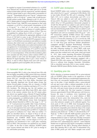 be supplied on request. Concentrated solutions of a- or b-PrP
were dialysed into 10 mM bis-tris buffer (pH 6.5) or 10 mM
sodium acetate buffer (pH 4.0), respectively, and then adjusted
with the cognate buffer to give a final protein concentration of
1 mg ml21
. Immediately prior to use 1 mg ml21
solutions were
diluted to 0.02 or 0.2 mg ml21
protein with 10 mM bis-tris/
10 mM sodium acetate buffer adjusted to pH 3.5, pH 5.5 or
pH 7.5. Master plates (Corning 96-well flat bottom microplates;
Fisher Product Code: 10687551) were prepared so that wells
contained a or b PrP at a final protein concentration of 0.01
or 0.1 mg ml21
in a fixed set of core solvent conditions
(figure 1) in the presence or the absence of variable additives
(table 1) and a total final reaction volume of 80 ml. This was
accomplished by adding 40 ml of 0.02 or 0.2 mg ml21
a- or
b-PrP to each well followed by appropriate additions of salt
(2.4 ml of 5 M NaCl in water, to give 150 mM final concen-
tration), DTT (2.5 ml of 32 or 960 mM DTT prepared in water,
to give 1 or 30 mM final concentration) and additives (variable
volumes), after which water was added to give a final reaction
volume of 80 ml. Master plates were sealed and incubated with-
out agitation for 1 h (immediate) or 16 h (overnight) at varying
temperatures (48C, room temperature, 378C and 558C). Some of
the reactions were also examined after three-month incubation
at 48C or room temperature. At the end of the incubation, plates
were unsealed and 220 ml tissue culture medium (OFCS; see
below) added to each well and thoroughly mixed using a
Biomek FX liquid handling robot to give a final volume of
300 ml. A total of 100 ml aliquots from each well were then
directly applied to prion-susceptible cells (see below).
4.3. Automated scrapie cell assay
Prion-susceptible PK1/2 cells (a line derived from N2a cells
that are highly susceptible to RML prions [16]) were routinely
grown in OFCS medium (Opti-MEM, containing 10% fetal calf
serum; 100 U ml21
penicillin and 100 mg ml21
streptomycin;
Invitrogen, UK) using 15 cm Petri dishes. Harvested cells
were manually dispensed into 96-well plates (Costar flat
bottom 96-well plates; Corning, UK) at a density of 18 000
cells per well 24 h prior to infection and kept at 378C in a 5%
CO2 incubator. The following day the cell medium was
removed and replaced with 200 ml fresh OFCS, after which
100 ml of the reaction solution from the PrP master plates
(see above) was applied using a Biomek FX liquid handling
robot. To verify the susceptibility of each batch of PK1/2 cells
to prion propagation, an additional plate of cells was treated
with 10% (w/v) RML-infected mouse brain homogenate
(serially diluted threefold in OFCS in the range 3 Â 1025
to
1 Â 1027
) and processed in parallel. After 3 days of infection,
cells were resuspended using the Biomek FX, after which
37.5 ml of cell suspension from each well was transferred into
a new 96-well plate containing 262.5 ml OFCS (1 : 8 split) and
cells grown to confluence for 3 days. After two further 1 : 8
splits (as described above), an aliquot of 85 ml of cell sus-
pension from each well (containing approx. 25 000 cells) was
transferred into ELISPOT (Multi Screen Immobilon-P,
Millipore, UK) plates while a second aliquot of 37.5 ml cell
suspension was transferred to new a split plate containing
262.5 ml OFCS. This procedure was repeated for two further
1 : 8 splits. At the time of their collection, ELISPOT plates
were vacuum drained and dried at 508C prior to storage at
48C until further processing.
4.4. ELISPOT plate development
Stored ELISPOT plates were warmed to room temperature,
after which 60 ml of 1 mg ml21
proteinase K (PK) (Roche, UK)
in lysis buffer (50 mM Tris HCl, pH 8 containing 150 mM
NaCl, 0.5% (w/v) sodium deoxycholate and 0.5% (v/v)
Triton-X 100) was added to each well and incubated for
60 min at 408C. The plates were washed (2 Â 160 ml PBS) after
which 120 ml of 3 M guanidinium thiocyanate prepared in
10 mM Tris HCl pH 8.0 was added to each well for 20 min.
The wells were washed (7 Â 160 ml PBS) and 150 ml of Superb-
lock dry blend blocking buffer (Perbio, UK) was added to each
well and incubated for 1 h. Following vacuum removal of
Superblock each well was incubated with 0.55 mg ml21
anti-
PrP monoclonal antibody ICSM18 (D-Gen Ltd, London)
prepared in TBST (10 mM Tris HCl, pH 8, 150 mM NaCl,
0.1% (v/v) Tween-20) containing 1% (w/v) non-fat dry milk
for 1 h. After washing (5 Â 160 ml TBST), wells were incubated
for 1 h with 60 ml goat anti-mouse alkaline phosphatase-
conjugated anti-IgG1 (Southern Biotechnology Associates,
USA) diluted 1 : 8000 in TBST containing 1% (w/v) non-fat
dry milk. Following washing (5 Â 160 ml TBST), wells were
incubated for 35 min with 50 ml AP dye (Bio-Rad, USA). The
plates were then washed twice with water, dried and stored
at 2208C. Spot counts (reporting PK-resistant PrP-positive
cells; see below) were determined with a Zeiss KS ELISPOT
system (Stemi 2000-C stereo microscope equipped with a
Hitachi HV-C20A color camera, a KL 1500 LCD scanner and
WELLSCAN software from Imaging Associates, Oxfordshire,
UK) as described previously [16] or more recently using a
Bioreader 5000-Eß system (BioSys, Karben, Germany).
4.5. Quantifying prion titre
ELISA detection of protease-resistant PrP on prion-infected
cells on ELISPOT plates results in the appearance of focal
PrP deposit ‘spots’ that have a morphological appearance dis-
tinct from any non-specific background immuno-reactivity
seen on the plate. A spot identifies when a prion-infected
cell and spot count within a defined population of cells is
proportional to the prion titre of the sample used to infect
the cells, with spot counts rising (as prions propagate) over
successive cell splits [16]. The dose response is dynamic
between approximately 50 and 1000 spots per well; however,
because the assay is nonlinear, every experiment must
include concomitant assay of a serial dilution of RML
prions of known prion titre (intracerebral LD50 units/ml
determined from rodent bioassay) to produce a standard
curve that unknown samples can be calibrated against. Two
stock pools of 10% (w/v) RML brain homogenate (desig-
nated I6200 and I8700) were used as reference preparations
and showed comparable prion infectivity titres in the scrapie
cell end point assay [16] of approximately 106.5
tissue culture
infectious units (TCIU) ml21
in PK1/11 cells [32,34,35] or 107.7
TCIU ml21
in PK1/2 cells [18]. I6200 reported a prion titre of
107.3 + 0.5
(mean+s.d.) intracerebral LD50 units ml21
when
endpoint titrated six times in Tg20 mice [32] that overexpress
mouse PrP on a Prnpo/o
background [36] and I8700 reported a
prion titre of 107.2
intracerebral LD50 units ml21
when endpoint
titrated once in Tg20 mice [32]. Figure 2 exemplifies a standard
curve generated by the ASCA, showing robust detection of
spots after infecting PK1/2 cells with 10 intracerebral LD50
units of RML prions per well. Matrix samples were scored
rsob.royalsocietypublishing.orgOpenBiol.5:150165
5
on May 31, 2016http://rsob.royalsocietypublishing.org/Downloaded from
 
