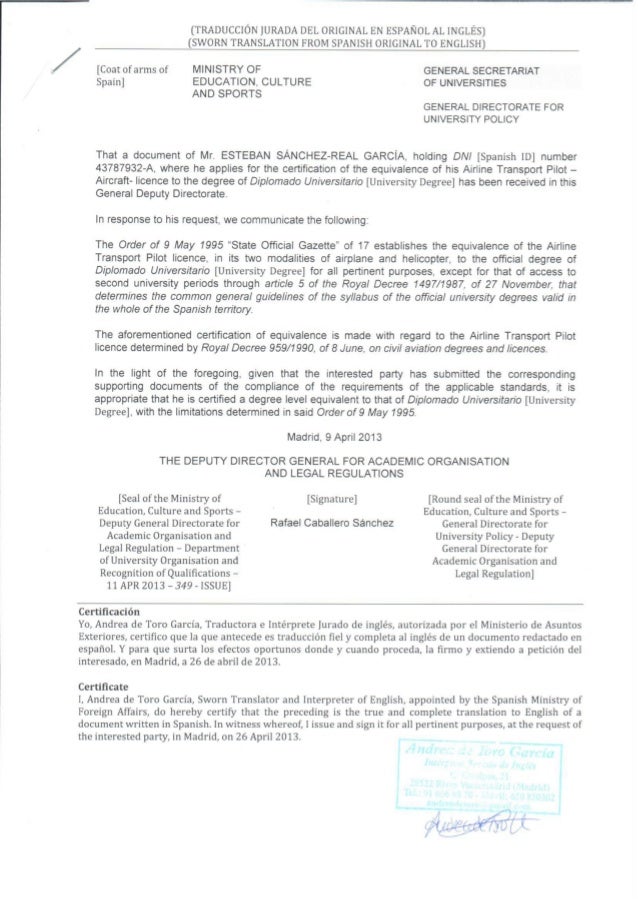 SWORN TRANSLATION University Degree in Aviation (3 years)