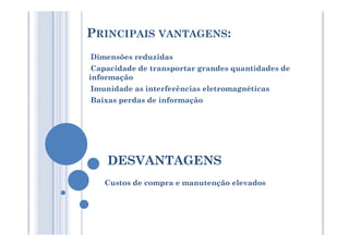 PRINCIPAIS VANTAGENS:
-Dimensões reduzidas
-Capacidade de transportar grandes quantidades de
informação
-Imunidade as interferências eletromagnéticas
-Baixas perdas de informação
DESVANTAGENS
-Custos de compra e manutenção elevados
 