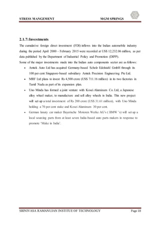 STRESS MANGEMENT MGM SPRINGS
SRINIVASA RAMANUJAN INSTITUE OF TECHNOLOGY Page 18
2.1.7:Investments
The cumulative foreign direct investment (FDI) inflows into the Indian automobile industry
during the period April 2000 – February 2015 were recorded at US$ 12,232.06 million, as per
data published by the Department of Industrial Policy and Promotion (DIPP).
Some of the major investments made into the Indian auto components sector are as follows:
 Amtek Auto Ltd has acquired Germany-based Scholz Edelstahl GmbH through its
100 per cent Singapore-based subsidiary Amtek Precision Engineering Pte Ltd.
 MRF Ltd plans to invest Rs 4,500 crore (US$ 711.16 million) in its two factories in
Tamil Nadu as part of its expansion plan.
 Uno Minda has formed a joint venture with Kosei Aluminum Co. Ltd, a Japanese
alloy wheel maker, to manufacture and sell alloy wheels in India. This new project
will set up a total investment of Rs 200 crore (US$ 31.61 million), with Uno Minda
holding a 70 per cent stake and Kosei Aluminum 30 per cent.
 German luxury car maker Bayerische Motoren Werke AG’s ( BMW ’s) will set up a
local sourcing parts from at least seven India-based auto parts makers in response to
promote ‘Make in India’.
 