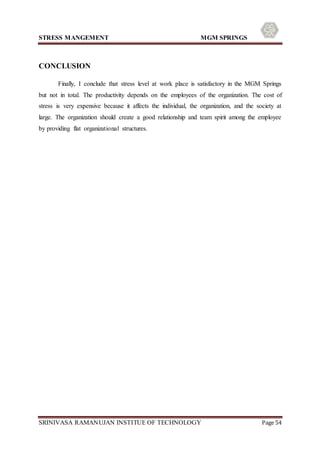 STRESS MANGEMENT MGM SPRINGS
SRINIVASA RAMANUJAN INSTITUE OF TECHNOLOGY Page 54
CONCLUSION
Finally, I conclude that stress level at work place is satisfactory in the MGM Springs
but not in total. The productivity depends on the employees of the organization. The cost of
stress is very expensive because it affects the individual, the organization, and the society at
large. The organization should create a good relationship and team spirit among the employee
by providing flat organizational structures.
 