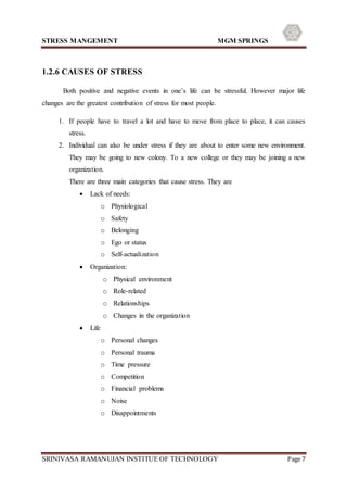 STRESS MANGEMENT MGM SPRINGS
SRINIVASA RAMANUJAN INSTITUE OF TECHNOLOGY Page 7
1.2.6 CAUSES OF STRESS
Both positive and negative events in one’s life can be stressful. However major life
changes are the greatest contribution of stress for most people.
1. If people have to travel a lot and have to move from place to place, it can causes
stress.
2. Individual can also be under stress if they are about to enter some new environment.
They may be going to new colony. To a new college or they may be joining a new
organization.
There are three main categories that cause stress. They are
 Lack of needs:
o Physiological
o Safety
o Belonging
o Ego or status
o Self-actualization
 Organization:
o Physical environment
o Role-related
o Relationships
o Changes in the organization
 Life
o Personal changes
o Personal trauma
o Time pressure
o Competition
o Financial problems
o Noise
o Disappointments
 