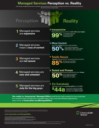 Managed Services Perception vs. Reality
Even though managed services have a multi-year, proven track record, some business managers still hold on to the same old perceptions.
We think it’s time for a reality check.
Managed Services from CenturyLink®
provides fully managed hardware and software, plus access to our cloud-based applications, all over
our vast network. And at one flat per-seat cost, you won’t have to worry about your monthly budget. Call your CenturyLink representative or
visit our website to learn more about how we can improve your business.
www.centurylink.com/ManagedOffice
1. https://s3.amazonaws.com/easel.ly/all_easels/133960/MANAGEDSERVICES/image.jpg
2. http://www.levelplatforms.com/Files/PDF/Full-Report-CompTIA-Managed-Services-2011.pdf
3. http://www.syntax.com/services/managedservices/ig1en.html
4. B2B Managed Services Business Value and AdoptionTrends, Barchi Gillai,TaoYu, March 2013
5. http://techaisle.com/blog/2012/11/smb-managed-services-forecast-tops-44b-by-2016/
Services not available everywhere. CenturyLink may change or cancel services or substitute similar services at its sole discretion without notice. Not to be distributed or reproduced by
anyone other than CenturyLink entities and CenturyLink Channel Alliance members.© 2014 CenturyLink. All Rights Reserved.
The CenturyLink mark, pathways logo and certain CenturyLink product names are the property of CenturyLink. All other marks are the property of their respective owners.
The reality is, CenturyLink®
Managed Office could be the right answer for your business.
It’s a solution that includes fully managed data, voice, and cloud-based applications.
Learn more at Centurylink.com/ManagedOffice
IF130276 1/17/14
 