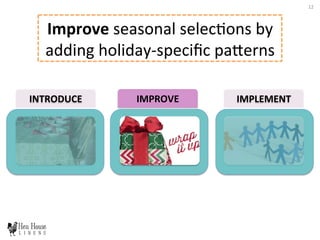 INTRODUCE	
   IMPROVE	
   IMPLEMENT	
  
12	
  
Improve	
  seasonal	
  selec6ons	
  by	
  
adding	
  holiday-­‐speciﬁc	
  paDerns	
  	
  
 
