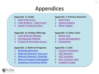 Appendices	
  
Appendix	
  	
  A:	
  Solids	
  
1.  Style	
  Preferences	
  
2.  Crate	
  &	
  Barrel	
  -­‐	
  Table	
  Linens	
  
3.  Guide	
  To	
  Solids	
  &	
  Colors	
  
Appendix	
  	
  B:	
  Holiday	
  Oﬀerings	
  
1.  Crate	
  &	
  Barrel	
  Website	
  
2.  Pomegranate	
  Website	
  
3.  Product	
  &	
  Promo6on	
  Survey	
  
Appendix	
  	
  E:	
  UGC	
  
1.  Current	
  Promo6ons	
  
2.  UGC	
  Research	
  
3.  UGC	
  Examples	
  
4.  UGC	
  Customer	
  Data	
  
5.  Instagram	
  Usage	
  
Appendix	
  	
  E:	
  Primary	
  Research	
  
1.  Store	
  Visits	
  
2.  Industry	
  Experts	
  
3.  Other	
  insights	
  
	
  
	
  
25	
  
Appendix	
  	
  C:	
  Referral	
  Programs	
  
1.  Marke6ng	
  Research	
  
2.  Referrals	
  Research:	
  Rue	
  La	
  La	
  
3.  Referrals	
  Research:	
  Drop	
  Box	
  
4.  Referral	
  Program	
  Par6cipa6on	
  
5.  Symphony	
  Commerce	
  Ar6cle	
  
Appendix	
  	
  D:	
  Other	
  Data	
  
1.  Market	
  Size	
  
2.  Survey	
  Demographics	
  
3.  Compe6tors	
  
 