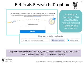 Dropbox	
  increased	
  users	
  from	
  100,000	
  to	
  over	
  4	
  million	
  in	
  just	
  15	
  months	
  
with	
  the	
  launch	
  of	
  their	
  dual	
  referral	
  program	
  
According	
  to	
  
founder	
  and	
  CEO	
  
Drew	
  Houston,	
  
referrals	
  increased	
  
signups	
  by	
  60%	
  
permanently.	
  	
  
Referrals	
  Research:	
  Dropbox	
  
Source:	
  hDp://blog.referralcandy.com/2014/01/21/referrals-­‐built-­‐dropbox-­‐empire/	
  
37	
  
 