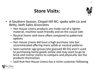 Store	
  Visits:	
  
•  A	
  Southern	
  Season,	
  Chapel	
  Hill	
  NC:	
  spoke	
  with	
  Liz	
  and	
  
BeDy,	
  both	
  Sales	
  Associates	
  
–  Hen	
  House	
  Linens	
  products	
  are	
  made	
  out	
  of	
  a	
  lighter	
  
material,	
  machine	
  wash	
  friendly	
  and	
  on	
  the	
  casual	
  side	
  
–  Neutral	
  linens	
  sold	
  more	
  oen	
  compared	
  to	
  paDerned	
  
op6ons	
  
–  Hen	
  House	
  Linens	
  did	
  have	
  a	
  high	
  purchase	
  rate	
  but	
  
recommended	
  oﬀering	
  more	
  solids	
  or	
  neutral	
  paDerns	
  
–  Said	
  customer	
  age	
  group	
  (she	
  guessed	
  40-­‐55)	
  aren’t	
  used	
  
to	
  purchasing	
  home	
  goods	
  online	
  and	
  may	
  want	
  to	
  go	
  to	
  
brick	
  and	
  mortar	
  stores	
  to	
  compare	
  and	
  physically	
  see	
  the	
  
products	
  themselves	
  	
  
–  Said	
  that	
  Hen	
  House	
  Linens	
  has	
  a	
  niche	
  customer	
  following	
  
48	
  
 