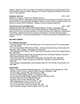 program. Assists the 7 AF commander in formulation and enactment of corrective action for all
HHQ identified inspection findings. Managed On-Peninsula Operational Readiness Exercise for
7 AF, 51 FW, and 8 FW.
Academic Instructor 2010 - 2012
ROKAF Air University, TaeJon City, Republic of Korea.
US Exchange Officer in selectively manned, bilingual instructor position on the South Korean Air
University faculty, instructing PME and Military Culture courses to cadets, enlisted members and
officers at various ROKAF institutions. Category II Korean Language experience.
Chief, Air Force Service Watch Cell 2007 – 2009
HEADQUARTERS, AIR FORCE OPERATIONS GROUP, Pentagon, Washington DC.
Directed operations for 25-person Service Watch Cell Branch, maintaining 24-hr worldwide
watch of Air Force air and space operations for CSAF and Senior AF Leadership. Organization’s
Chief Officer; directed two divisions: Executive Presentations, Executive Decision Support,
Systems Integration, Training and Standardization, Resources, and Systems Management and
Support.
MILITARY CAREER
KC-135 Master Navigator
- Evaluator Navigator with 2,881 total flying hours, 197 combat hours and 167 combat support
hours, 1991-2000
- Air Force Duty Officer (AFDO)/Action Officer – Air Force Operations Group, Directorate of Air
Operations, HAF, Pentagon, Washington DC, 2005-2007
- Chief AAR Plans/ATO Planner, NATO Combined Air Operations Center Five, Poggio Renatico,
Italy, 2003-2005
- Squadron Operations Officer/Flight Commander/Instructor, 32 Student Squadron, Squadron
Officer School, Maxwell AFB, AL, 2000-2003
- Chief, SIOP Exercises, 92 ARW/XPOX, Wing Plans, Fairchild AFB, WA, 1999-2000
- Chief, Wing Plans, Treaty Compliance, 92 ARW/XP, Wing Plans, Fairchild AFB, WA,
1998-1999
- Chief, Squadron Standardization and Evaluation Flight, KC-135, 92 ARS, Fairchild AFB, WA,
1996-1998
EDUCATION
- Master of Business Administration/Management, Troy State University Montgomery, 2002
- Bachelor of Arts in History, California State University Long Beach, 1989
- Air War College, Maxwell AFB, Non-Residence, 2006
- Joint Forces Staff College, Norfolk, VA, Residence, 2003
- Air Command and Staff College, Maxwell AFB, Non-Residence, 2001
- Academic Instructor School, Maxwell AFB, 2001
- Squadron Officer School, Maxwell AFB, 1997
- AMC Stage Manager Course, Scott AFB, IL, 1997
- KC-135 CFIC Instructor Upgrade Course, 1995
- KC-135 Combat Crew Training, Altus AFB, OK, 1991
- Under Graduate Navigator Training, Mather AFB, CA, 1990
 