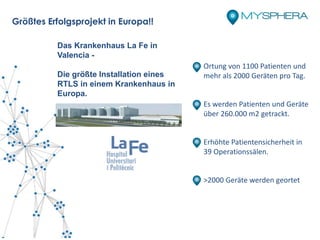 Das Krankenhaus La Fe in
Valencia -
Die größte Installation eines
RTLS in einem Krankenhaus in
Europa.
Ortung von 1100 Patienten und
mehr als 2000 Geräten pro Tag.
Es werden Patienten und Geräte
über 260.000 m2 getrackt.
Erhöhte Patientensicherheit in
39 Operationssälen.
>2000 Geräte werden geortet
Größtes Erfolgsprojekt in Europa!!
 