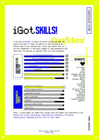 Confident
iGotskills!
I am very Confident in where my skills lie and am keen on
making the most of them. My belief is that we should we
should play to our talents and I know just where mine is. I
am very competent in the early stages of idea generation and
also have the ability to execute them to a high standard.
#Stay Hungry, Stay Foolish!
/Steve Jobs/
CURRICULUMVITAEYASHDEDHIA
Photoshop (Print/Photography/Digital)
Creativity & Innovation
InDesign (Editorial/Composition/Layout)
Ethical design practice
Illustrator (Branding/Typography/Illustration)
Organized & Punctual
Flash (Animation)
Social Commitment
Dreamweaver (Web/Code)
Teamwork
Mac OS
Positive & Open Minded
Windows
Resourceful
Software&os
Skill-set
interests
personality
triats
Also, I pride myself on these core values that are baked into everything I do:
People over profit, Generosity, Usefulness as innovation, Pro-active
communication, Boldness and Fail fast so learn fast!
To Travel
Eat
Cook
Drive
Browse the web
Watch Movies
Music
Gotham (Bold)
Gym
Swim
Wildlife
YouTube
Hike
Drink & Party
Steve Jobs
Tech &
Lifestyle
Midnight
munchies!
Graphic Novels
Swahili
 