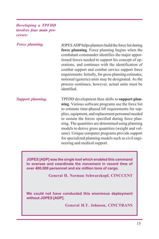 15
JOPES [ADP] was the single tool which enabled this command
to oversee and coordinate the movement in record time of
over 400,000 personnel and six million tons of cargo.
General H. Norman Schwarzkopf, CINCCENT
We could not have conducted this enormous deployment
without JOPES [ADP].
General H.T. Johnson, CINCTRANS
JOPES ADP helpsplannersbuildtheforcelistduring
force planning. Force planning begins when the
combatant commander identifies the major appor-
tioned forces needed to support his concept of op-
erations, and continues with the identification of
combat support and combat service support force
requirements. Initially, for gross planning estimates,
notional (generic) units may be designated. As the
process continues, however, actual units must be
identified.
TPFDD development then shifts to support plan-
ning. Various software programs use the force list
to estimate time-phased lift requirements for sup-
plies, equipment, and replacement personnel needed
to sustain the forces specified during force plan-
ning. The quantities are determined using planning
models to derive gross quantities (weight and vol-
ume). Unique computer programs provide support
for specialized planning models such as civil engi-
neering and medical support.
Developing a TPFDD
involves four main pro-
cesses:
Force planning,
Support planning,
 