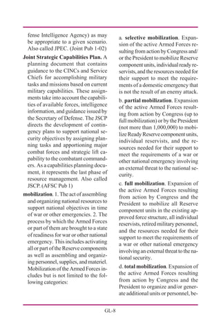GL-8
a. selective mobilization. Expan-
sion of the active Armed Forces re-
sulting from action by Congress and/
or the President to mobilize Reserve
componentunits,individualreadyre-
servists, and the resources needed for
their support to meet the require-
ments of a domestic emergency that
is not the result of an enemy attack.
b. partial mobilization. Expansion
of the active Armed Forces result-
ing from action by Congress (up to
full mobilization) or by the President
(not more than 1,000,000) to mobi-
lize Ready Reserve component units,
individual reservists, and the re-
sources needed for their support to
meet the requirements of a war or
other national emergency involving
an external threat to the national se-
curity.
c. full mobilization. Expansion of
the active Armed Forces resulting
from action by Congress and the
President to mobilize all Reserve
component units in the existing ap-
proved force structure, all individual
reservists, retired military personnel,
and the resources needed for their
support to meet the requirements of
a war or other national emergency
involving an external threat to the na-
tional security.
d. total mobilization. Expansion of
the active Armed Forces resulting
from action by Congress and the
President to organize and/or gener-
ate additional units or personnel, be-
fense Intelligence Agency) as may
be appropriate to a given scenario.
Also called JPEC. (Joint Pub 1-02)
Joint Strategic Capabilities Plan. A
planning document that contains
guidance to the CINCs and Service
Chiefs for accomplishing military
tasks and missions based on current
military capabilities. These assign-
ments take into account the capabili-
ties of available forces, intelligence
information, and guidance issued by
the Secretary of Defense. The JSCP
directs the development of contin-
gency plans to support national se-
curity objectives by assigning plan-
ning tasks and apportioning major
combat forces and strategic lift ca-
pability to the combatant command-
ers. As a capabilities planning docu-
ment, it represents the last phase of
resource management. Also called
JSCP. (AFSC Pub 1)
mobilization. 1. The act of assembling
and organizing national resources to
support national objectives in time
of war or other emergencies. 2. The
process by which the Armed Forces
or part of them are brought to a state
of readiness for war or other national
emergency. This includes activating
all or part of the Reserve components
as well as assembling and organiz-
ing personnel, supplies, and materiel.
Mobilization of the Armed Forces in-
cludes but is not limited to the fol-
lowing categories:
 