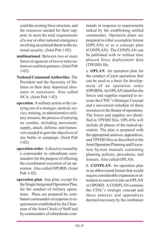 GL-9
yond the existing force structure, and
the resources needed for their sup-
port, to meet the total requirements
of a war or other national emergency
involving an external threat to the na-
tional security. (Joint Pub 1-02)
multinational. Between two or more
forces or agencies of two or more na-
tions or coalition partners. (Joint Pub
1-02)
National Command Authorities. The
President and the Secretary of De-
fense or their duly deputized alter-
nates or successors. Also called
NCA. (Joint Pub 1-02)
operation. A military action or the car-
rying out of a strategic, tactical, ser-
vice, training, or administrative mili-
tary mission; the process of carrying
on combat, including movement,
supply, attack, defense, and maneu-
vers needed to gain the objectives of
any battle or campaign. (Joint Pub
1-02)
operation order. A directive issued by
a commander to subordinate com-
manders for the purpose of effecting
the coordinated execution of an op-
eration. Also called OPORD. (Joint
Pub 1-02)
operation plan. Any plan, except for
the Single Integrated Operation Plan,
for the conduct of military opera-
tions. Plans are prepared by com-
batant commanders in response to re-
quirements established by the Chair-
man of the Joint Chiefs of Staff and
by commanders of subordinate com-
mands in response to requirements
tasked by the establishing unified
commander. Operation plans are
prepared in either a complete format
(OPLAN) or as a concept plan
(CONPLAN). The CONPLAN can
be published with or without time
phased force deployment data
(TPFDD) file.
a. OPLAN. An operation plan for
the conduct of joint operations that
can be used as a basis for develop-
ment of an operation order
(OPORD). An OPLAN identifies the
forces and supplies required to ex-
ecute the CINC’s Strategic Concept
and a movement schedule of these
resources to the theater of operations.
The forces and supplies are identi-
fied in TPFDD files. OPLANs will
include all phases of the tasked op-
eration. The plan is prepared with
the appropriate annexes, appendixes,
and TPFDD files as described in the
Joint Operation Planning and Execu-
tion System manuals containing
planning policies, procedures, and
formats. Also called OPLAN.
b. CONPLAN. An operation plan
in an abbreviated format that would
require considerable expansion or al-
teration to convert it into an OPLAN
or OPORD. A CONPLAN contains
the CINC’s strategic concept and
those annexes and appendixes
deemed necessary by the combatant
 