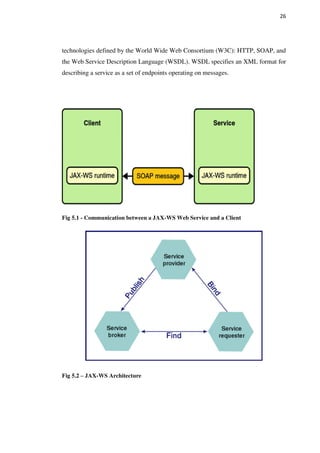 26
technologies defined by the World Wide Web Consortium (W3C): HTTP, SOAP, and
the Web Service Description Language (WSDL). WSDL specifies an XML format for
describing a service as a set of endpoints operating on messages.
Fig 5.1 - Communication between a JAX-WS Web Service and a Client
Fig 5.2 – JAX-WS Architecture
 