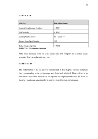 39
7.3 RESULTS
Activity Duration (in ms)
Android Application Loading < 200 *
NFC transfer < 500 *
Calling Web Service 50 – 2000 **
Return from Web Service 300
Total processing time < 3000
Table 7.1 – Performance results
*The times recorded were on a test device and test computer in a normal usage
scenario. Hence actual results may vary.
7.4 SUMMARY
The performance of the system was summarized in this chapter. Various numerical
data corresponding to the performance were listed and tabulated. These will serve as
benchmarks for future versions of the system and improvements must be made in
these key mentioned areas in order to improve overall system performance.
 