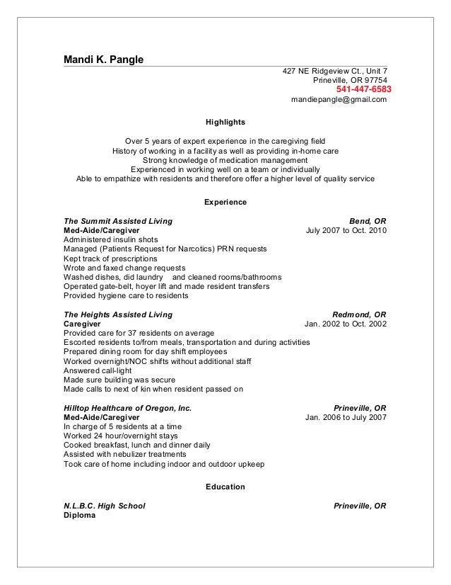 Resume Med Aide Caregiver Aug 2015
