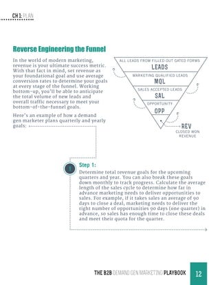 CH 1: Plan
12THE B2B Demand Gen MARKETING PLAYBOOK
Reverse Engineering the Funnel
In the world of modern marketing,
revenue is your ultimate success metric.
With that fact in mind, set revenue as
your foundational goal and use average
conversion rates to determine your goals
at every stage of the funnel. Working
bottom-up, you’ll be able to anticipate
the total volume of new leads and
overall traffic necessary to meet your
bottom-of-the-funnel goals.
Here’s an example of how a demand
gen marketer plans quarterly and yearly
goals:
1
Step 1:
Determine total revenue goals for the upcoming
quarters and year. You can also break these goals
down monthly to track progress. Calculate the average
length of the sales cycle to determine how far in
advance marketing needs to deliver opportunities to
sales. For example, if it takes sales an average of 90
days to close a deal, marketing needs to deliver the
right number of opportunities 90 days (one quarter) in
advance, so sales has enough time to close these deals
and meet their quota for the quarter.
 