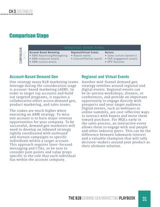 Ch 3: Distribute
31THE B2B Demand Gen MARKETING PLAYBOOK
Account-Based Demand Gen
One strategy many B2B marketing teams
leverage during the consideration stage
is account-based marketing (ABM). In
order to target top accounts and build
out targeted programs, it requires a
collaborative effort across demand gen,
product marketing, and sales teams.
The stakes are much higher when
executing an ABM strategy. To miss
one account is to burn major revenue
opportunities for your company. To be
successful, demand gen marketers will
need to develop an inbound strategy
tightly coordinated with outbound
and nurture campaigns to specific
individuals within a target account.
This approach requires laser-focused
messaging and CTAs, so be sure to
consider pain points and value props
specific to the role that each individual
has within the account company.
Regional and Virtual Events
Another mid-funnel demand gen
strategy revolves around regional and
digital events. Regional events can
be in-person workshops, dinners, or
conferences, and provide an important
opportunity to engage directly with
prospects and your target audience.
Digital events, such as webinars or
online summits, are cost-effective ways
to interact with buyers and move them
toward purchase. For MQLs early in
the sales process, an interactive event
allows them to engage with real people
and other industry peers. This can be the
difference between lukewarm interest
and a valuable champion that will rally
decision-makers around your product as
their ultimate solution.
Demand Gen, Content, Events.
Account Based Marketing
•	ABM Advertising/Retargeting
•	ABM outbound emails
•	ABM nurture emails
Regional/Virtual Events
•	Kapost events
•	Channel/Partner events
Nurture
•	Sales nurture (dynamic)
•	SDR engagement emails
•	OPP Nurtures
Comparison
(MOFU)
Comparison Stage
 