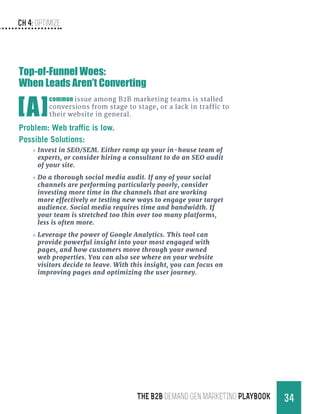 Ch 4: Optimize
34THE B2B Demand Gen MARKETING PLAYBOOK
Top-of-Funnel Woes:
When Leads Aren’t Converting
[A]
common issue among B2B marketing teams is stalled
conversions from stage to stage, or a lack in traffic to
their website in general.
Problem: Web traffic is low.
Possible Solutions:
»» Invest in SEO/SEM. Either ramp up your in-house team of
experts, or consider hiring a consultant to do an SEO audit
of your site.
»» Do a thorough social media audit. If any of your social
channels are performing particularly poorly, consider
investing more time in the channels that are working
more effectively or testing new ways to engage your target
audience. Social media requires time and bandwidth. If
your team is stretched too thin over too many platforms,
less is often more.
»» Leverage the power of Google Analytics. This tool can
provide powerful insight into your most engaged with
pages, and how customers move through your owned
web properties. You can also see where on your website
visitors decide to leave. With this insight, you can focus on
improving pages and optimizing the user journey.
 