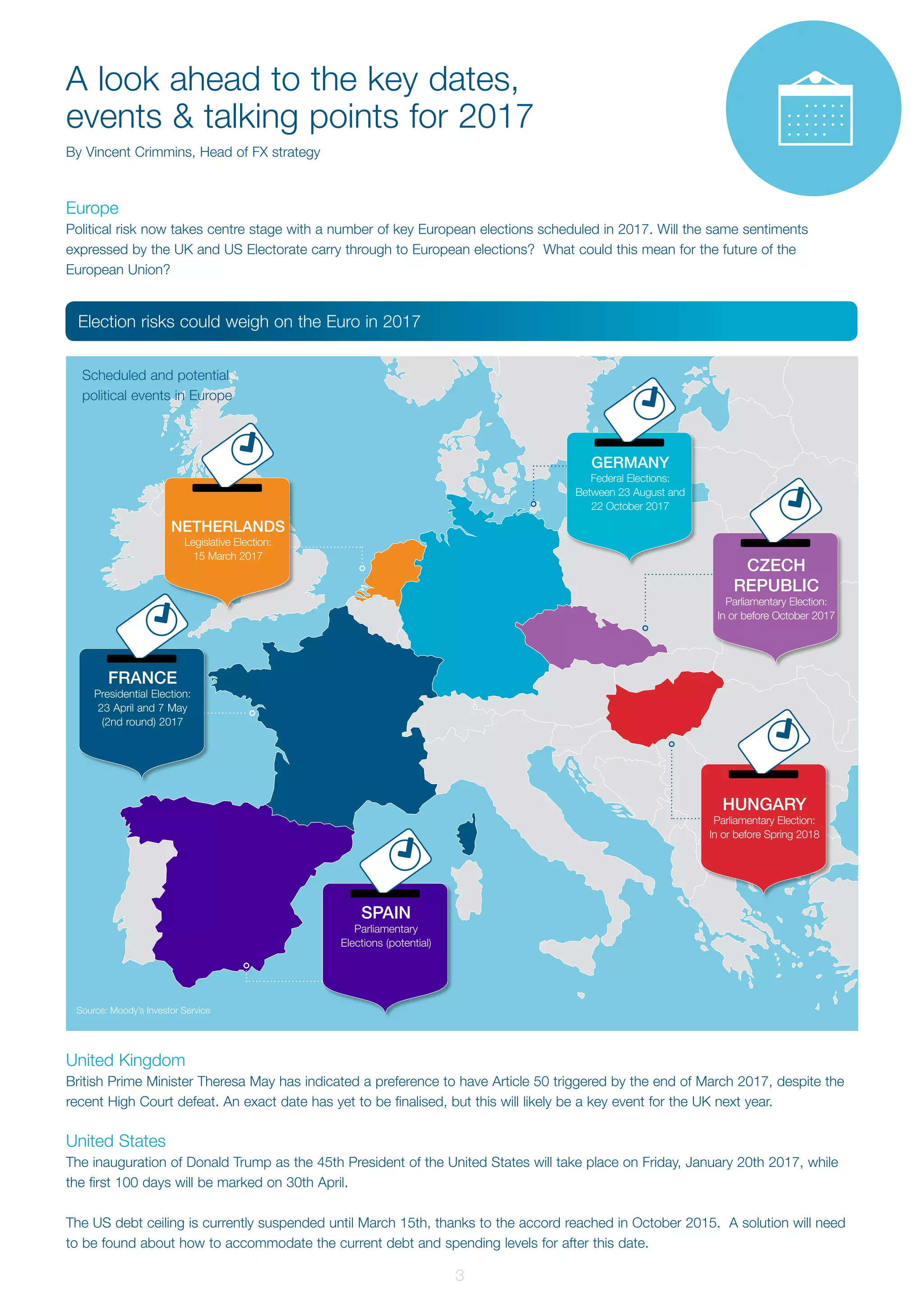 Europe
Political risk now takes centre stage with a number of key European elections scheduled in 2017. Will the same sentiments
expressed by the UK and US Electorate carry through to European elections? What could this mean for the future of the
European Union?
United Kingdom
British Prime Minister Theresa May has indicated a preference to have Article 50 triggered by the end of March 2017, despite the
recent High Court defeat. An exact date has yet to be finalised, but this will likely be a key event for the UK next year.
United States
The inauguration of Donald Trump as the 45th President of the United States will take place on Friday, January 20th 2017, while
the first 100 days will be marked on 30th April.
The US debt ceiling is currently suspended until March 15th, thanks to the accord reached in October 2015. A solution will need
to be found about how to accommodate the current debt and spending levels for after this date.
A look ahead to the key dates,
events & talking points for 2017
By Vincent Crimmins, Head of FX strategy
3
Election risks could weigh on the Euro in 2017
Scheduled and potential
political events in Europe
Source: Moody’s Investor Service
SPAIN
Parliamentary
Elections (potential)
HUNGARY
Parliamentary Election:
In or before Spring 2018
FRANCE
Presidential Election:
23 April and 7 May
(2nd round) 2017
NETHERLANDS
Legislative Election:
15 March 2017
CZECH
REPUBLIC
Parliamentary Election:
In or before October 2017
GERMANY
Federal Elections:
Between 23 August and
22 October 2017
 
