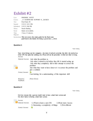 9
Exhibit #2
User FREDERIC SCOTT
Course _A+ HARDWARE SUPPORT II _2421B233
Test Final Exam R1
Started 3/15/13 12:51 PM
Submitted 3/15/13 2:04 PM
Status Needs Grading
Score Grade not available.
Time
Elapsed
1 hour, 13 minutes.
Instructions This test covers the study guide for the final exam
good luck to all, thanks for being a great class ......Steve
Question 1
Needs Grading
1. Your sister brings you her computer, she states it worked yesterday but after she worked on
it the CPU fan spins but nothing else. Please tell me the procedure to find out what is wrong
Answer
Selected Answer: Ask what the problem is.
Ask what it started to do before they felt it started acting up
Ask what they completely did in their attempt to correct the
problem
Ask what they want to have done to it to correct the problem and
give a solution
Correct Answer:
I am looking for a understanding of this important skill
Response
Feedback:
[None Given]
Question 2
Needs Grading
List two reasons why a person would want to have a dual boot system and
two draw backs to having a dual boot system
Answer
Selected Answer: 1.) Want to learn a new OS 2.)Want more Access
1.) Increasing a complexity of things 2.)Not efficient
Correct Answer:
 