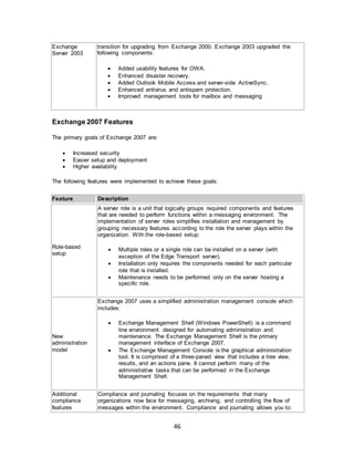 46
Exchange
Server 2003
transition for upgrading from Exchange 2000. Exchange 2003 upgraded the
following components:
 Added usability features for OWA.
 Enhanced disaster recovery.
 Added Outlook Mobile Access and server-side ActiveSync.
 Enhanced antivirus and antispam protection.
 Improved management tools for mailbox and messaging
Exchange 2007 Features
The primary goals of Exchange 2007 are:
 Increased security
 Easier setup and deployment
 Higher availability
The following features were implemented to achieve these goals:
Feature Description
Role-based
setup
A server role is a unit that logically groups required components and features
that are needed to perform functions within a messaging environment. The
implementation of server roles simplifies installation and management by
grouping necessary features according to the role the server plays within the
organization. With the role-based setup:
 Multiple roles or a single role can be installed on a server (with
exception of the Edge Transport server).
 Installation only requires the components needed for each particular
role that is installed.
 Maintenance needs to be performed only on the server hosting a
specific role.
New
administration
model
Exchange 2007 uses a simplified administration management console which
includes:
 Exchange Management Shell (Windows PowerShell) is a command
line environment designed for automating administration and
maintenance. The Exchange Management Shell is the primary
management interface of Exchange 2007.
 The Exchange Management Console is the graphical administration
tool. It is comprised of a three-paned view that includes a tree view,
results, and an actions pane. It cannot perform many of the
administrative tasks that can be performed in the Exchange
Management Shell.
Additional
compliance
features
Compliance and journaling focuses on the requirements that many
organizations now face for messaging, archiving, and controlling the flow of
messages within the environment. Compliance and journaling allows you to:
 