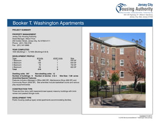 Booker T. Washington Apartments
PROJECT SUMMARY
PROPERTY MANAGEMENT
Jersey City Housing Authority
Asset Manager, Allison Ford
200 Colden Street, Jersey City, NJ 07302-4111
Phone: (201) 706-4756
Fax: (201) 547-6689
YEAR COMPLETED
1943 (Buildings 1 - 7)/1955 (Buildings 8 & 9)
DEVELOPMENT PROFILE
Type #/Units #/HC Units Size
1 Bedroom 85 1 500 SF
2 Bedroom 126 1 640 SF
3 Bedroom 79 1 750 SF
4 Bedroom 29 0 920 SF
Total 319 3
Dwelling units: 307 Non-dwelling units: 12
Number of buildings: 9 Number of stories: 3 & 4 Site Size: 7.68 acres
Amenities/Special Features:
Features include a Manager’s Office (600 SF), Maintenance Shop (800 SF) and
Community Room (2500 SF). Site amenities include basketball courts and various
play equipment/areas.
CONSTRUCTION TYPE
Three and four story (with basement/crawl space) masonry buildings with brick
veneer and peaked shingle roofs.
DEVELOPMENT TYPE
Public housing (walkup type) rental apartments accommodating families.
Updated 01/2014
X:JCHA Site SummariesBooker T. Washington Apts.pubssg
93
 