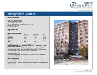 Montgomery Gardens
PROJECT SUMMARY
PROPERTY MANAGEMENT
Jersey City Housing Authority
Asset Manager, Allison Ford
563 Montgomery Street, Jersey City, NJ 07302-3139
Phone: (201) 706-4785
Fax: (201) 547-8944
YEAR COMPLETED
1953
DEVELOPMENT PROFILE
Type #/Units #/HC Units Size
1 Bedroom 30 2 480 SF
2 Bedroom 290 10 700 SF
3 Bedroom 103 6 865 SF
4 Bedroom 24 1 1055 SF
Total 447 19
Dwelling units: 434 Non-dwelling units: 13
Number of buildings: 6 Number of stories: 10 Site Size: 5.6 acres
Amenities/Special Features:
Features include a Manager’s Office (600 SF), Maintenance Shop (800 SF),
Community Room (800 SF) and Child Care Facilities (2500 SF). Site amenities
include a basketball court and various play equipment/areas.
CONSTRUCTION TYPE
Ten story (with basement) masonry high rise buildings with brick veneer and
concrete deck EPDM flat roofs.
DEVELOPMENT TYPE
Public housing (elevator type) rental apartments accommodating families.
This development is slated for demolition, with the exception of Building #1 which
will be rehabbed.
Updated 04/2014
X:JCHA Site SummariesMontgomery Gardens.pubssg
96
 