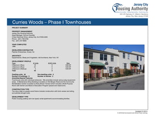 Curries Woods – Phase I Townhouses
PROJECT SUMMARY
PROPERTY MANAGEMENT
Jersey City Housing Authority
Asset Manager, Donna Chandler
3 New Heckman Drive, Jersey City, NJ 07305-2300
Phone: (201) 706-4762
Fax: (201) 547-8926
YEAR COMPLETED
1998
DEVELOPER/CONTRACTOR
Paphian Enterprises, Ocean, NJ
ARCHITECT
Oppenheimer, Brady and Vogelstein, AIA Architects, New York, NY
DEVELOPMENT PROFILE
Type # Units #/HC Units Size
3 Bedroom (Row) 18 0 1000 SF
4 Bedroom (Row) 24 0 1200 SF
4 Bedroom (Walkup) 4 2 1200 SF
Total 46 2
Dwelling units: 46 Non-dwelling units: 0
Number of buildings: 9 Number of stories: 2
Amenities/Special Features:
Townhouse units with individual entrances. Site amenities include various play equipment/
areas. A Maintenance Shop Building is located on Old Bergen Road and the Community
Revitalization Center is located on Ruby Brown Terrace which includes a Multi-Purpose
Room with kitchen and Board of Education Program spaces and classrooms.
CONSTRUCTION TYPE
Two story (slab on grade) wood frame modular construction with brick veneer and siding
and pitched shingle roofs.
DEVELOPMENT TYPE
Public housing (walkup and row types) rental apartments accommodating families.
Updated 01/2014
X:JCHA Site SummariesCurries Woods Phase I.pubssg
98
 