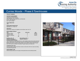 Curries Woods – Phase II Townhouses
PROJECT SUMMARY
PROPERTY MANAGEMENT
Jersey City Housing Authority
Asset Manager, Donna Chandler
3 New Heckman Drive, Jersey City, NJ 07305-2300
Phone: (201) 706-4762
Fax: (201) 547-8926
YEAR COMPLETED
1998
DEVELOPER/CONTRACTOR
Agia Mason, Inc., Ocean, NJ
ARCHITECT
Oppenheimer, Brady and Vogelstein, AIA Architects, New York, NY
DEVELOPMENT PROFILE
Type # Units #/HC Units Size
3 Bedroom (Row) 14 0 1080 SF
4 Bedroom (Row) 4 0 1270 SF
4 Bedroom (Walkup) 2 1 1300 SF
Total 20 1
Dwelling units: 20 Non-dwelling units: 0
Number of buildings: 2 Number of stories: 2
Amenities/Special Features:
Townhouse units with individual entrances. Site amenities include various play equipment/
areas. A Maintenance Shop Building is located on Old Bergen Road and the Community
Revitalization Center is located on Ruby Brown Terrace which includes a Multi-Purpose
Room with kitchen and Board of Education Program spaces and classrooms.
CONSTRUCTION TYPE
Two story (slab on grade) wood frame modular construction with brick veneer and siding
and pitched shingle roofs.
DEVELOPMENT TYPE
Public housing (walkup and row types) rental apartments accommodating families.
Updated 01/2014
X:JCHA Site SummariesCurries Woods Phase II.pubssg
99
 