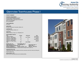 Glennview Townhouses Phase I
PROJECT SUMMARY
PROPERTY MANAGEMENT
Interstate Realty Management Company
Property Manager, Michelle Middleton
463 Pacific Avenue, Jersey City, NJ 07304-3918
Phone: (201) 395-0900
Fax: (201) 395-0911
YEAR COMPLETED
2011/2012
DEVELOPER
Michaels Development Corporation, Marlton, NJ
CONTRACTOR
Prestige Renovations, Marlton, NJ
ARCHITECT
Wallace, Roberts, & Todd, LLC., Philadelphia, PA
DEVELOPMENT PROFILE
Type #/Units #/HC Units Size
1 Bedroom Walkup 14 0 874 SF (AV.)
2 Bedroom 1 Bath Walkup 20 4 HC, 2 H&VI 931 SF (AV.)
2 Bedroom 2.5 Bath Walkup 6 0 1206 SF
3 Bedroom 1.5 Bath Walkup 19 0 1388 SF (AV.)
3 Bedroom 2 Bath Walkup 2 0 1241 SF
4 Bedroom 2.5 Bath Walkup 2 0 2002 SF
Total 63 4 HC, 2 H&VI
Dwelling units: 63 Non-dwelling units: 0
Public Housing Units: 5 Tax Credit Units: 17 Market Rate Units: 8
Public Housing/Tax Credit Units: 33 Super’s Unit: 1
Number of buildings: 6 Number of stories: 3 & 4 Site size: 1.933 acres
Amenities/Special Features: Individual exterior storage sheds for each unit.
CONSTRUCTION TYPE
Three and four story (slab on grade) wood frame construction with brick veneer and siding and
pitched shingle roofs.
DEVELOPMENT TYPE
Mixed income rental apartments accommodating families.
Updated 01/2014
X:JCHA Site SummariesGlennview Townhouses Phase I.pubssg
114
 