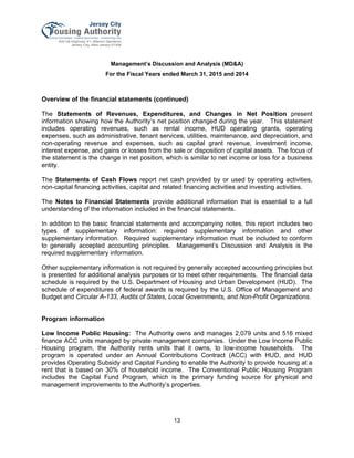Management’s Discussion and Analysis (MD&A)
For the Fiscal Years ended March 31, 2015 and 2014
13
Overview of the financial statements (continued)
The Statements of Revenues, Expenditures, and Changes in Net Position present
information showing how the Authority’s net position changed during the year. This statement
includes operating revenues, such as rental income, HUD operating grants, operating
expenses, such as administrative, tenant services, utilities, maintenance, and depreciation, and
non-operating revenue and expenses, such as capital grant revenue, investment income,
interest expense, and gains or losses from the sale or disposition of capital assets. The focus of
the statement is the change in net position, which is similar to net income or loss for a business
entity.
The Statements of Cash Flows report net cash provided by or used by operating activities,
non-capital financing activities, capital and related financing activities and investing activities.
The Notes to Financial Statements provide additional information that is essential to a full
understanding of the information included in the financial statements.
In addition to the basic financial statements and accompanying notes, this report includes two
types of supplementary information: required supplementary information and other
supplementary information. Required supplementary information must be included to conform
to generally accepted accounting principles. Management’s Discussion and Analysis is the
required supplementary information.
Other supplementary information is not required by generally accepted accounting principles but
is presented for additional analysis purposes or to meet other requirements. The financial data
schedule is required by the U.S. Department of Housing and Urban Development (HUD). The
schedule of expenditures of federal awards is required by the U.S. Office of Management and
Budget and Circular A-133, Audits of States, Local Governments, and Non-Profit Organizations.
Program information
Low Income Public Housing: The Authority owns and manages 2,079 units and 516 mixed
finance ACC units managed by private management companies. Under the Low Income Public
Housing program, the Authority rents units that it owns, to low-income households. The
program is operated under an Annual Contributions Contract (ACC) with HUD, and HUD
provides Operating Subsidy and Capital Funding to enable the Authority to provide housing at a
rent that is based on 30% of household income. The Conventional Public Housing Program
includes the Capital Fund Program, which is the primary funding source for physical and
management improvements to the Authority’s properties.
 