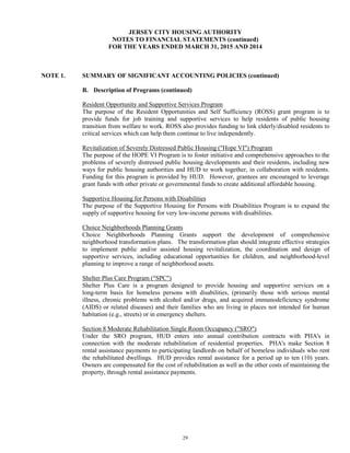 29
JERSEY CITY HOUSING AUTHORITY
NOTES TO FINANCIAL STATEMENTS (continued)
FOR THE YEARS ENDED MARCH 31, 2015 AND 2014
NOTE 1. SUMMARY OF SIGNIFICANT ACCOUNTING POLICIES (continued)
B. Description of Programs (continued)
Resident Opportunity and Supportive Services Program
The purpose of the Resident Opportunities and Self Sufficiency (ROSS) grant program is to
provide funds for job training and supportive services to help residents of public housing
transition from welfare to work. ROSS also provides funding to link elderly/disabled residents to
critical services which can help them continue to live independently.
Revitalization of Severely Distressed Public Housing ("Hope VI") Program
The purpose of the HOPE VI Program is to foster initiative and comprehensive approaches to the
problems of severely distressed public housing developments and their residents, including new
ways for public housing authorities and HUD to work together, in collaboration with residents.
Funding for this program is provided by HUD. However, grantees are encouraged to leverage
grant funds with other private or governmental funds to create additional affordable housing.
Supportive Housing for Persons with Disabilities
The purpose of the Supportive Housing for Persons with Disabilities Program is to expand the
supply of supportive housing for very low-income persons with disabilities.
Choice Neighborhoods Planning Grants
Choice Neighborhoods Planning Grants support the development of comprehensive
neighborhood transformation plans. The transformation plan should integrate effective strategies
to implement public and/or assisted housing revitalization, the coordination and design of
supportive services, including educational opportunities for children, and neighborhood-level
planning to improve a range of neighborhood assets.
Shelter Plus Care Program ("SPC")
Shelter Plus Care is a program designed to provide housing and supportive services on a
long-term basis for homeless persons with disabilities, (primarily those with serious mental
illness, chronic problems with alcohol and/or drugs, and acquired immunodeficiency syndrome
(AIDS) or related diseases) and their families who are living in places not intended for human
habitation (e.g., streets) or in emergency shelters.
Section 8 Moderate Rehabilitation Single Room Occupancy ("SRO")
Under the SRO program, HUD enters into annual contribution contracts with PHA's in
connection with the moderate rehabilitation of residential properties. PHA's make Section 8
rental assistance payments to participating landlords on behalf of homeless individuals who rent
the rehabilitated dwellings. HUD provides rental assistance for a period up to ten (10) years.
Owners are compensated for the cost of rehabilitation as well as the other costs of maintaining the
property, through rental assistance payments.
 