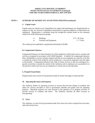 33
JERSEY CITY HOUSING AUTHORITY
NOTES TO FINANCIAL STATEMENTS (continued)
FOR THE YEARS ENDED MARCH 31, 2015 AND 2014
NOTE 1. SUMMARY OF SIGNIFICANT ACCOUNTING POLICIES (continued)
J. Capital Assets
Capital assets are stated at cost. Expenditures for repairs and maintenance are charged directly to
expense as they are incurred. Expenditures determined to represent additions or betterments are
capitalized. Depreciation is calculated using the straight-line method based on the estimated
useful lives of the following asset groups:
• Buildings 27.5 - 40 Years
• Furniture and Equipment 3 - 7 Years
The Authority has established a capitalization threshold of $5,000.
K. Compensated Absences
Compensated absences are those absences for which employees will be paid, such as vacation and
sick leave computed in accordance with GASB Standards. A liability for compensated absences
that is attributable to services already rendered and that are not contingent on a specific event that
is outside the control of the Authority and its employees, is accrued as employees earn the rights
to the benefits. Compensated absences that relate to future services or that are contingent on a
specific event that is outside the control of the Authority and its employees are accounted for in
the period in which such services are rendered or in which such events take place.
L. Prepaid Tenant Rents
Prepaid tenant rents consist of rent payments made by tenants that apply to future periods.
M. Operating Revenues and Expenses
The Authority defines its operating revenues as income derived from charges to residents and
others for services provided as well as government subsidies and grants used for operating
purposes. Operating expenses are costs incurred in the operation of its program activities to
provide services to residents and others. The Authority classifies all other revenues as
non-operating.
N. Taxes
The Authority is a unit of local government under New Jersey law and is exempt from real estate,
sales and income taxes.
 