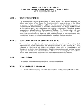 57
JERSEY CITY HOUSING AUTHORITY
NOTES TO SCHEDULE OF EXPENDITURES OF FEDERAL AWARDS
YEAR ENDED MARCH 31, 2015
NOTE 1. BASIS OF PRESENTATION
The accompanying schedule of expenditures of federal awards (the “Schedule”) includes the
federal grant activity of the Jersey City Housing Authority under programs of the federal
government for the year ended March 31, 2015. The information in the schedule is presented in
accordance with the requirements of the Office of Management and Budget (OMB) Circular
A-133, Audits of States, Local Governments and Non-Profit Organizations. Because the schedule
presents only a selected portion of the operations of the Jersey City Housing Authority, it is not
intended to and does not present the financial position, changes in net assets or cash flows of the
Jersey City Housing Authority. Therefore, some amounts presented in this schedule may differ
from amounts presented in, or used in the preparation of the basic financial statements.
NOTE 2. SUMMARY OF SIGNIFICANT ACCOUNTING POLICIES
The expenditures reported on the schedule are reported on the accrual basis of accounting. Such
expenditures are recognized following the principles contained in OMB Circular A-87, Cost
Principles for State, Local and Indian Tribes, wherein certain types of expenditures are not
allowable or are limited as to reimbursement. Negative amounts shown on the Schedule represent
adjustments or credits made in the normal course of business to amounts reported as expenditures
in prior years. Pass-through entity identifying numbers are presented where available.
NOTE 3. SUBRECIPIENTS
The Authority did not pass-through any federal awards to subrecipients.
NOTE 4. NON-CASH FEDERAL ASSISTANCE
The Authority did not receive any non-cash Federal assistance for the year ended March 31, 2015.
 