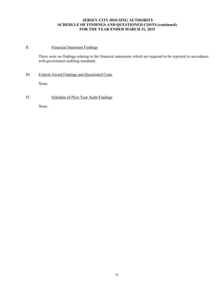 61
JERSEY CITY HOUSING AUTHORITY
SCHEDULE OF FINDINGS AND QUESTIONED COSTS (continued)
FOR THE YEAR ENDED MARCH 31, 2015
II. Financial Statement Findings
There were no findings relating to the financial statements which are required to be reported in accordance
with government auditing standards.
III. Federal Award Findings and Questioned Costs
None.
IV. Schedule of Prior Year Audit Findings
None.
 