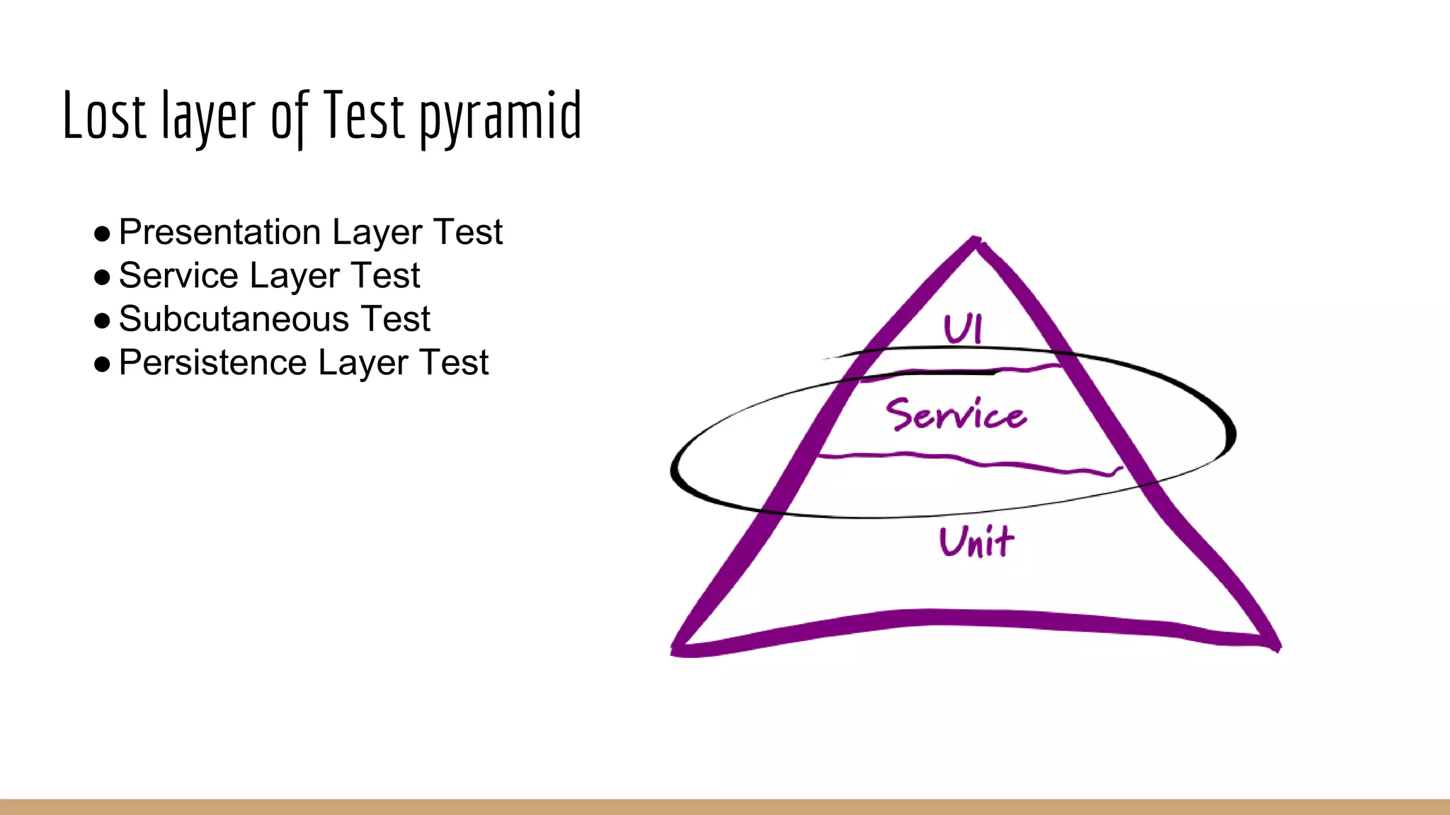 Lost layer of Test pyramid
●Presentation Layer Test
●Service Layer Test
●Subcutaneous Test
●Persistence Layer Test
 