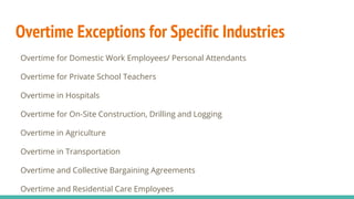 Overtime Exceptions for Specific Industries
Overtime for Domestic Work Employees/ Personal Attendants
Overtime for Private School Teachers
Overtime in Hospitals
Overtime for On-Site Construction, Drilling and Logging
Overtime in Agriculture
Overtime in Transportation
Overtime and Collective Bargaining Agreements
Overtime and Residential Care Employees
 