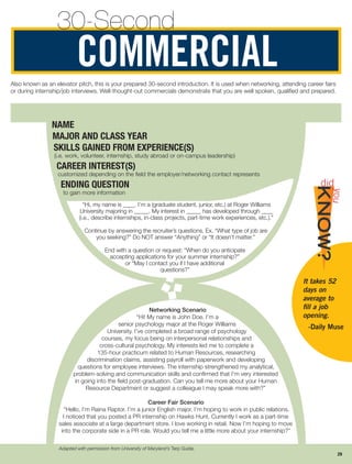 NAME
MAJOR AND CLASS YEAR
SKILLS GAINED FROM EXPERIENCE(S)
(i.e. work, volunteer, internship, study abroad or on-campus leadership)
CAREER INTEREST(S)
customized depending on the field the employer/networking contact represents
ENDING QUESTION
to gain more information
“Hi, my name is ____. I’m a (graduate student, junior, etc.) at Roger Williams
University majoring in _____. My interest in _____ has developed through ____
(i.e., describe internships, in-class projects, part-time work experiences, etc.).”
Continue by answering the recruiter’s questions. Ex. “What type of job are
you seeking?” Do NOT answer “Anything” or “It doesn’t matter.”
End with a question or request: “When do you anticipate
accepting applications for your summer internship?”
or “May I contact you if I have additional
questions?”
Networking Scenario
“Hi! My name is John Doe. I’m a
senior psychology major at the Roger Williams
University. I’ve completed a broad range of psychology
courses, my focus being on interpersonal relationships and
cross-cultural psychology. My interests led me to complete a
135-hour practicum related to Human Resources, researching
discrimination claims, assisting payroll with paperwork and developing
questions for employee interviews. The internship strengthened my analytical,
problem-solving and communication skills and confirmed that I’m very interested
in going into the field post-graduation. Can you tell me more about your Human
Resource Department or suggest a colleague I may speak more with?”
Career Fair Scenario
“Hello, I’m Raina Raptor. I’m a junior English major. I’m hoping to work in public relations.
I noticed that you posted a PR internship on Hawks Hunt. Currently I work as a part-time
sales associate at a large department store. I love working in retail. Now I’m hoping to move
into the corporate side in a PR role. Would you tell me a little more about your internship?”
Also known as an elevator pitch, this is your prepared 30-second introduction. It is used when networking, attending career fairs
or during internship/job interviews. Well-thought-out commercials demonstrate that you are well spoken, qualified and prepared.
COMMERCIAL
30-Second
KNOW?
did
you
It takes 52
days on
average to
fill a job
opening.
-Daily Muse
Adapted with permission from University of Maryland’s Terp Guide.
29
 