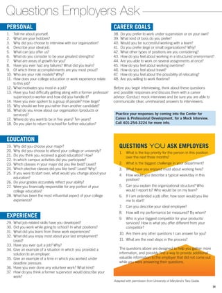 Questions Employers Ask
CAREER GOALS
38.	Do you prefer to work under supervision or on your own?
39.	What kind of boss do you prefer?
40.	Would you be successful working with a team?
41.	 Do you prefer large or small organizations? Why?
42.	What other types of positions are you considering?
43.	How do you feel about working in a structured ­environment?
44.	Are you able to work on several assignments at once?
45.	How do you feel about working overtime?
46.	How do you feel about travel?
47.	 How do you feel about the possibility of relocating?
48.	Are you willing to work flextime?
Before you begin interviewing, think about these questions
and possible responses and discuss them with a career
advisor. Conduct mock interviews and be sure you are able to
communicate clear, unrehearsed answers to interviewers.
PERSONAL
1.	 Tell me about yourself.
2.	 What are your hobbies?
3.	 Why did you choose to interview with our ­organization?
4.	 Describe your ideal job.
5.	 What can you offer us?
6.	 What do you consider to be your greatest strengths?
7.	 What are areas of growth for you?
8.	 Have you ever had any failures? What did you learn?
9.	 Of which three accomplishments are you most proud?
10.	Who are your role models? Why?
11.	 How does your college education or work experience relate
to this job?
12.	What motivates you most in a job?
13.	Have you had difficulty getting along with a former professor/
supervisor/co-worker and how did you ­handle it?
14.	Have you ever spoken to a group of people? How large?
15.	Why should we hire you rather than another ­candidate?
16.	What do you know about our organization (products or
­services)?
17.	 Where do you want to be in five years? Ten years?
18.	Do you plan to return to school for further ­education?
EDUCATION
19.	 Why did you choose your major?
20.	Why did you choose to attend your college or university?
21.	 Do you think you received a good education? How?
22.	In which campus activities did you participate?
23.	Which classes in your major did you like best? Least?
24.	Which elective classes did you like best? Least? Why?
25.	If you were to start over, what would you change about your
education?
26.	Do your grades accurately reflect your ability?
27.	Were you financially responsible for any portion of your
college education?
28.	What has been the most influential aspect of your college
experience?
EXPERIENCE
29.	What job-related skills have you developed?
30.	Did you work while going to school? In what ­positions?
31.	 What did you learn from these work experiences?
32.	What did you enjoy most about your last employment?
Least?
33.	Have you ever quit a job? Why?
34.	Give an example of a situation in which you provided a
solution to an employer.
35.	Give an example of a time in which you worked under
deadline pressure.
36.	Have you ever done any volunteer work? What kind?
37.	 How do you think a former supervisor would describe your
work?
Practice your responses by coming into the Center for
Career  Professional Development, for a Mock Interview.
Call 401-254-3224 for more info.
QUESTIONS YOU ASK EMPLOYERS
1.	 What is the top priority for the person in this position
over the next three months?
2.	 What is the biggest challenge in your department?
3.	 What have you enjoyed most about working here?
4.	 How would you describe a typical week/day in this
position?
5.	 Can you explain the organizational structure? Who
would I report to? Who would be on my team?
6.	 If I am extended a job offer, how soon would you like
me to start?
7.	 Can you describe your ideal employee?
8.	 How will my performance be measured? By whom?
9.	 Who is your biggest competitor for your products/
services? How is what you offer different from your
competitor?
10.	Are there any other questions I can answer for you?
11.	 What are the next steps in the process?
The questions above are designed to help you gather more
information, and possibly find a way to provide additional
valuable information to the employer that did not come out
while you were answering their questions.
Adapted with permission from University of Maryland’s Terp Guide.
31
 