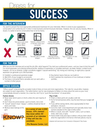OFFICE CASUAL
“Office casual” is becoming the accepted mode of dress at more and more organizations. The rules for casual attire, however,
are subject to each organization. The safest fashion rule for new employees to follow is to dress about the same as your most
conservatively dressed co-worker. As a new hire, don’t try to “push the boundaries” of casual attire.
Fashion Arrests
•	 Never wear denim jeans or shorts unless the vast majority of
others do
•	 Don’t dress too provocatively—you’re at work, not a club
•	 “Casual” doesn’t mean “sloppy”—clothes should be free of
stains and holes
•	 Workout wear belongs at the
gym
Play it Safe
•	 Khaki or black pants are usually a safe bet
•	 As for formal business attire, buy the best that your budget will
allow
•	 If you will be seeing clients, dress appropriately for their
workplace, not yours
•	 Go to the mall—most department and specialty stores have
sections devoted to this style of office attire
•	 When in doubt, stick with “neutral” colors, such as black,
khaki, dark navy, or grey
•	 Avoid visible body piercings or tattoos until you learn about
what the organization’s formal (or informal) policies may be
FOR THE JOB
After you ace the interview and accept the job offer, what happens? You start your professional career—and you have to look the part!
For recent graduates just entering professional life, additions to wardrobes or complete overhauls, are likely needed. Limited funds,
however, can be an obstacle. Image consultants suggest “capsule wardrobing”. By mixing and matching, an eight-piece capsule
wardrobe can generate up to 28 ensembles.
•	 Establish a professional wardrobe budget
•	 Allot 50% of your budget to accessories
•	 Purchase a suit jacket that is versatile and can work with a
number of other pieces
•	 Buy fashion basics that you can build on
•	 Don’t overlook the importance of nice briefcase or leather
portfolio
FOR THE INTERVIEW
You want to present the most appropriate professional impression for your interviews. When it comes to your appearance,
conservatism and conformity are in order in most business and technical job interviews. However, this can vary by industry. When in
doubt, it is better to be too conservative than to be too flashy.
$$$
Two-piece suits (solid
colors, tighter-
woven fabric
Wrinkled clothing
Conservative with
makeup and jewelry
Missing buttons,
crooked ties and lint
Neatly trimmed or
shaved hair
Tags and labels on new
clothing
Shoes that are polished
or in good condition
Runs in your
stockings
Tailored, collared shirts
or blouses under your
suit jacket
Ties with wild or ornate
designs
SUCCESS
Dress for
In a survey of over 2,000
bosses, 33% claimed
they know within 90
seconds of an interview
if they will hire the
candidate.
-Pro Resume Center, LLC
KNOW?
did
you
Adapted with permission from University of Maryland’s Terp Guide.
32
 