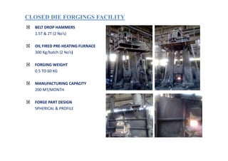 CLOSED DIE FORGINGS FACILITYCLOSED DIE FORGINGS FACILITY
BELT DROP HAMMERS
1.5T & 2T (2 No’s)
OIL FIRED PRE-HEATING FURNACE
300 Kg/batch (2 No’s)
FORGING WEIGHT
0.5 TO 60 KG
MANUFACTURING CAPACITY
200 MT/MONTH
FORGE PART DESIGN
SPHERICAL & PROFILE
 