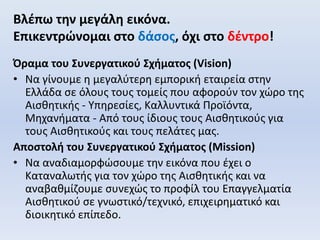Όραμα του Συνεργατικού Σχήματος (Vision)
• Να γίνουμε η μεγαλύτερη εμπορική εταιρεία στην
Ελλάδα σε όλους τους τομείς που αφορούν τον χώρο της
Αισθητικής - Υπηρεσίες, Καλλυντικά Προϊόντα,
Μηχανήματα - Από τους ίδιους τους Αισθητικούς για
τους Αισθητικούς και τους πελάτες μας.
Αποστολή του Συνεργατικού Σχήματος (Mission)
• Να αναδιαμορφώσουμε την εικόνα που έχει ο
Καταναλωτής για τον χώρο της Αισθητικής και να
αναβαθμίζουμε συνεχώς το προφίλ του Επαγγελματία
Αισθητικού σε γνωστικό/τεχνικό, επιχειρηματικό και
διοικητικό επίπεδο.
Βλέπω την μεγάλη εικόνα.
Επικεντρώνομαι στο δάσος, όχι στο δέντρο!
 