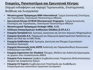 Εταιρείες, Πανεπιστήμια και Ερευνητικά Κέντρα:
(Ισχυρό ενδιαφέρον για παροχή Τεχνογνωσίας, Επιστημονικής
Βοήθειας και Συνεργασία)
• Μεταπτυχιακό Πρόγραμμα ΜΒΑ International, Τμήμα Διοικητικής Επιστήμης
και Τεχνολογίας, Οικονομικό Πανεπιστήμιο Αθηνών
• Ερευνητικό Κέντρο ELTRUN Ηλεκτρονικού Επιχειρείν, Τμήμα Διοικητικής
Επιστήμης και Τεχνολογίας, Οικονομικό Πανεπιστήμιο Αθηνών
• Μεταπτυχιακό Πρόγραμμα Strategic HRM, ALBA
• Σύλλογος Επαγγελματιών Αισθητικών Ελλάδας (Σ.ΕΠ.Α.Ε.)
• Εταιρεία Damplaid A.E. Εμπορία, Διακίνηση και Service Ιατρικών Μηχανημάτων
• Εταιρεία Grecolio A.E. Παραγωγή και Εξαγωγική Δραστηριότητα Προϊόντων με
βάση την Ελιά και το λάδι Ελιάς
• Εταιρεία GoWireless A.E. Εμπορία, Δικτύωση και Έλεγχος Ευρωπαϊκών
Καναλιών Διανομής
• Εταιρεία Κοινωνικός Ιστός ΚΙΣΠΕ Ανάπτυξη και Παρακολούθηση Κοινωνικών
Εκδηλώσεων για ΑΜΕΑ
• Εταιρεία Ergonomics for Disabled Έλεγχος, Μελέτη και Ανάπτυξη Εργονομίας
σε χώρους που επισκέπτονται ΑΜΕΑ
• Εταιρεία Pure Insource Γραφείο Συμβουλευτικών Υπηρεσιών Βελτιστοποίησης
Αγορών και Διαχείρισης Έργων
• Εταιρεία CV Experts Συμβουλευτική Υποστήριξη και Αναβάθμιση
Επαγγελματικών Ικανοτήτων Εργατικού Δυναμικού
 