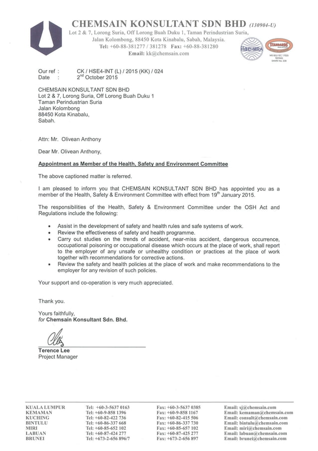 [Letter of Appointment] Chemsain Konsultant Sdn. Bhd. Member of the Health, Safety and